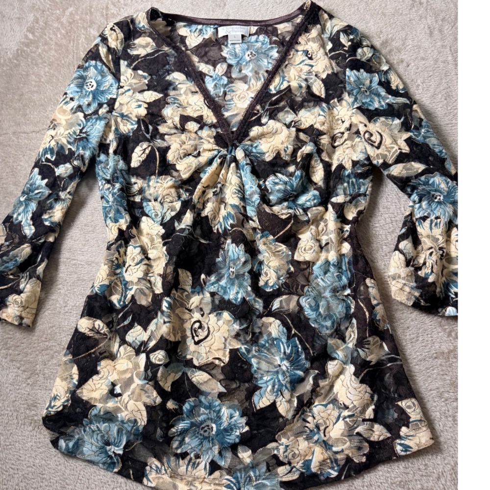 Christopher & Banks Floral Lace Mesh Top Large Faircore Autumn Whimsigoth
